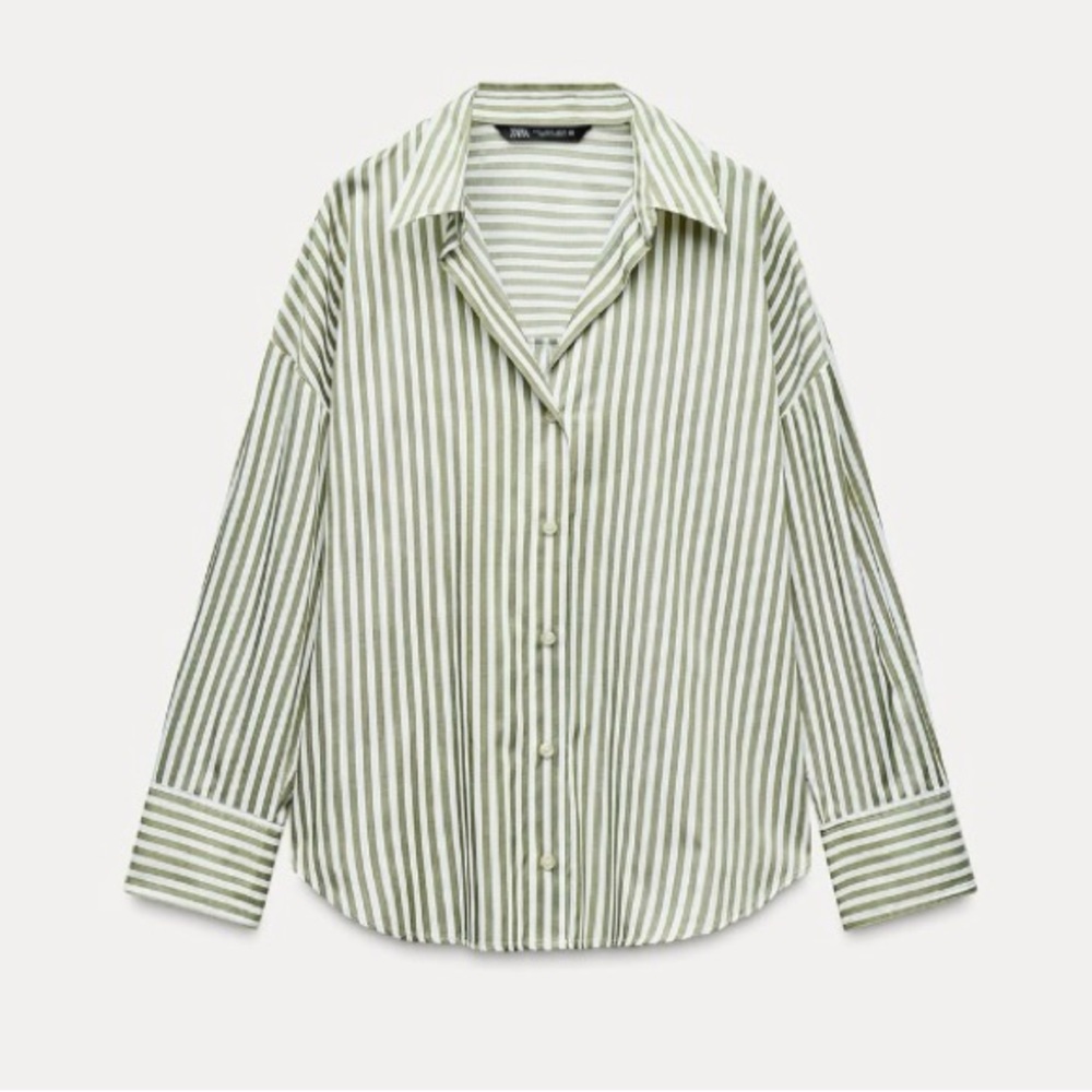 Zara poplin shirt. Button down green/shite top. Size L. Brand new with tags